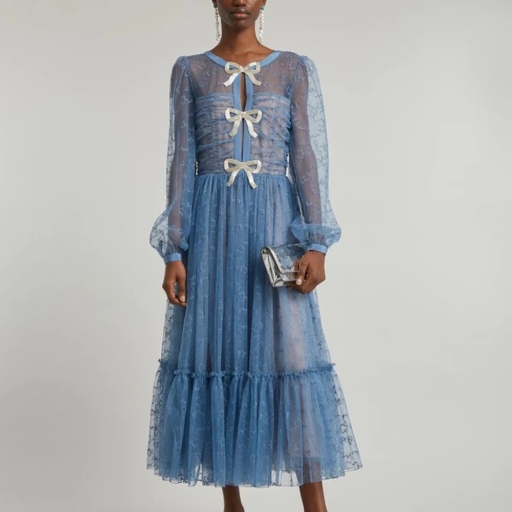 Saloni Camille bow embellished tulle midi gown in blue size US 6 worn once!
